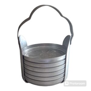 Vintage Retro Cast Aluminum 6 Metal Drink Daisies Coasters & Caddie Set